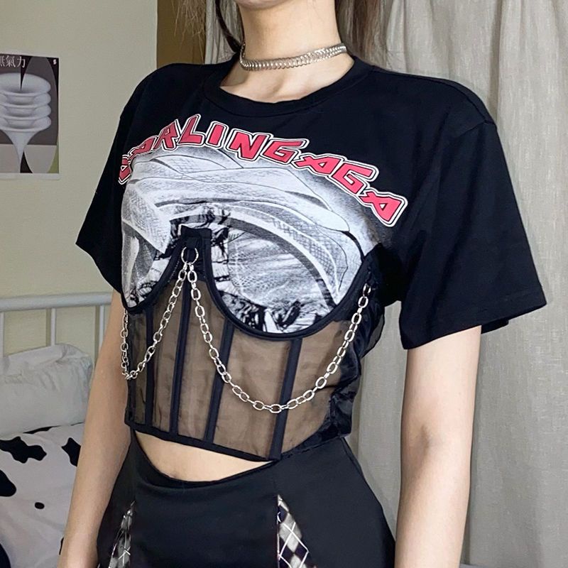 ♀☑Suhao IAMHOTTY palsu dua potong perspektif mesh splicing rantai printing lengan pendek pasang T goreng jalan kepribadian menari hot girl top