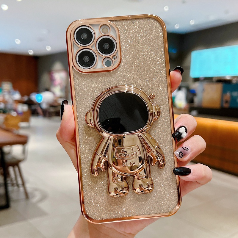 IPHONE Luxury Astronot Electroplated Transparan Kickstand Cover Case Untuk Iphone11 12 13 14 Pro Max XS X XR 78 Plus Se2020 22 Sarung Kickstand Mini Glitter