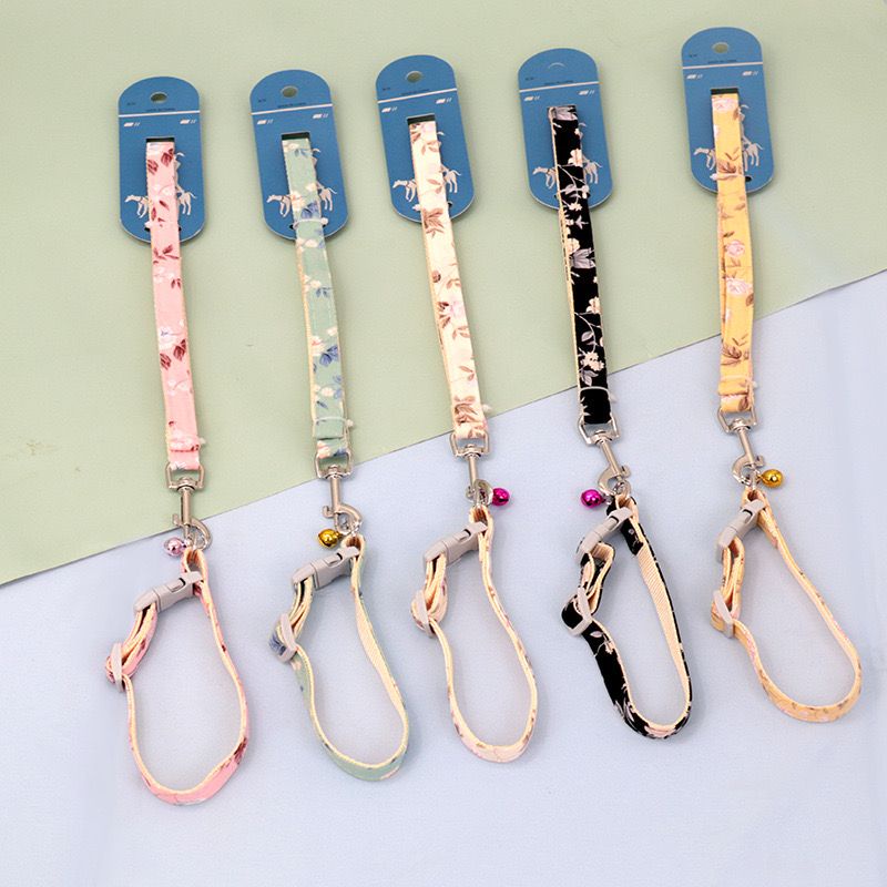 Tali Tuntun + Kalung Lonceng Motif Bunga Hewan Kucing Anjing - Harness