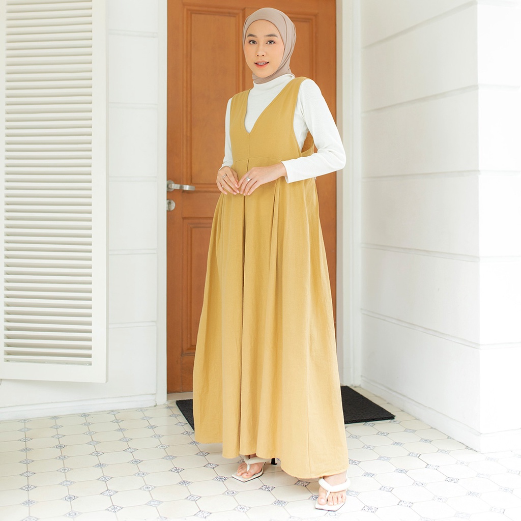 Anna Overall Long Dress | Long Overall Dress Berbahan Linen Premium [YEPPUOUTFIT]