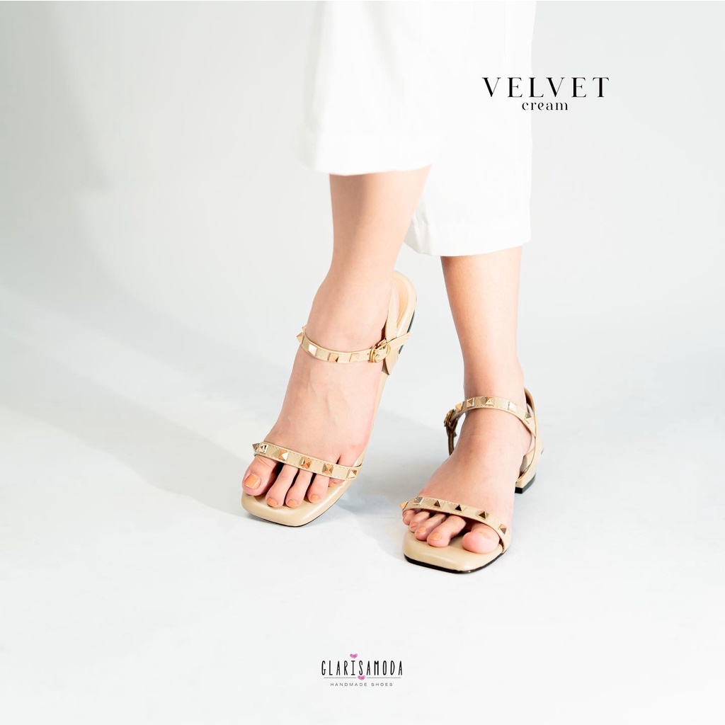 GLARISAMODA Velvet Heels 3cm Sepatu Sandal Wanita Nyaman Sendal Empuk
