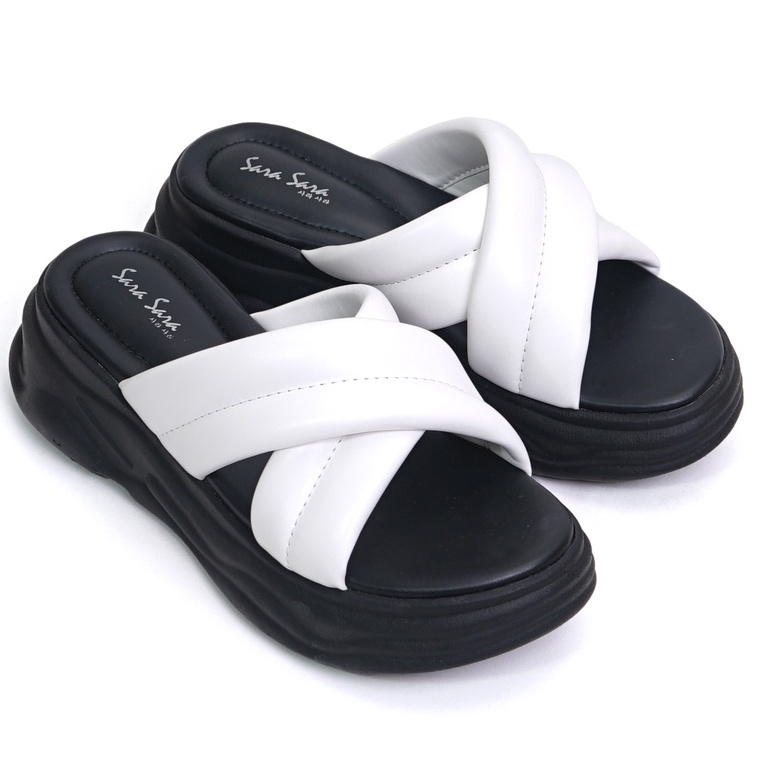 SARASARA YUK - NAGITA Sandal Wanita Wedges Silang Tinggi 5cm Size 36 - 40 Casual Sendal Cewek Platform 37 38 39 untuk Jalan Pergi Santai Slop Warna Putih White Rumahan Selop Rumah Premium Original Sara Sara Kekinian Terbaru Shoes ORI Mall Official Store