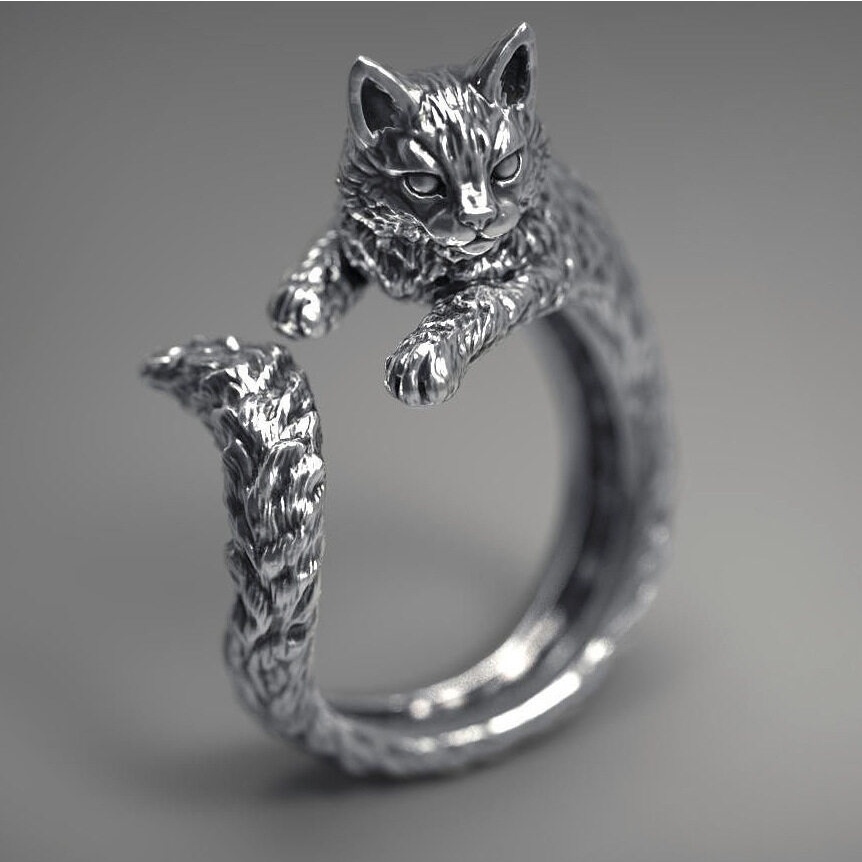 Vintage Fashion Kitten Cincin Pria Perak Lucu Hewan Peliharaan Adjustable Cincin Hip Hop Pesta Perhiasan Hadiah