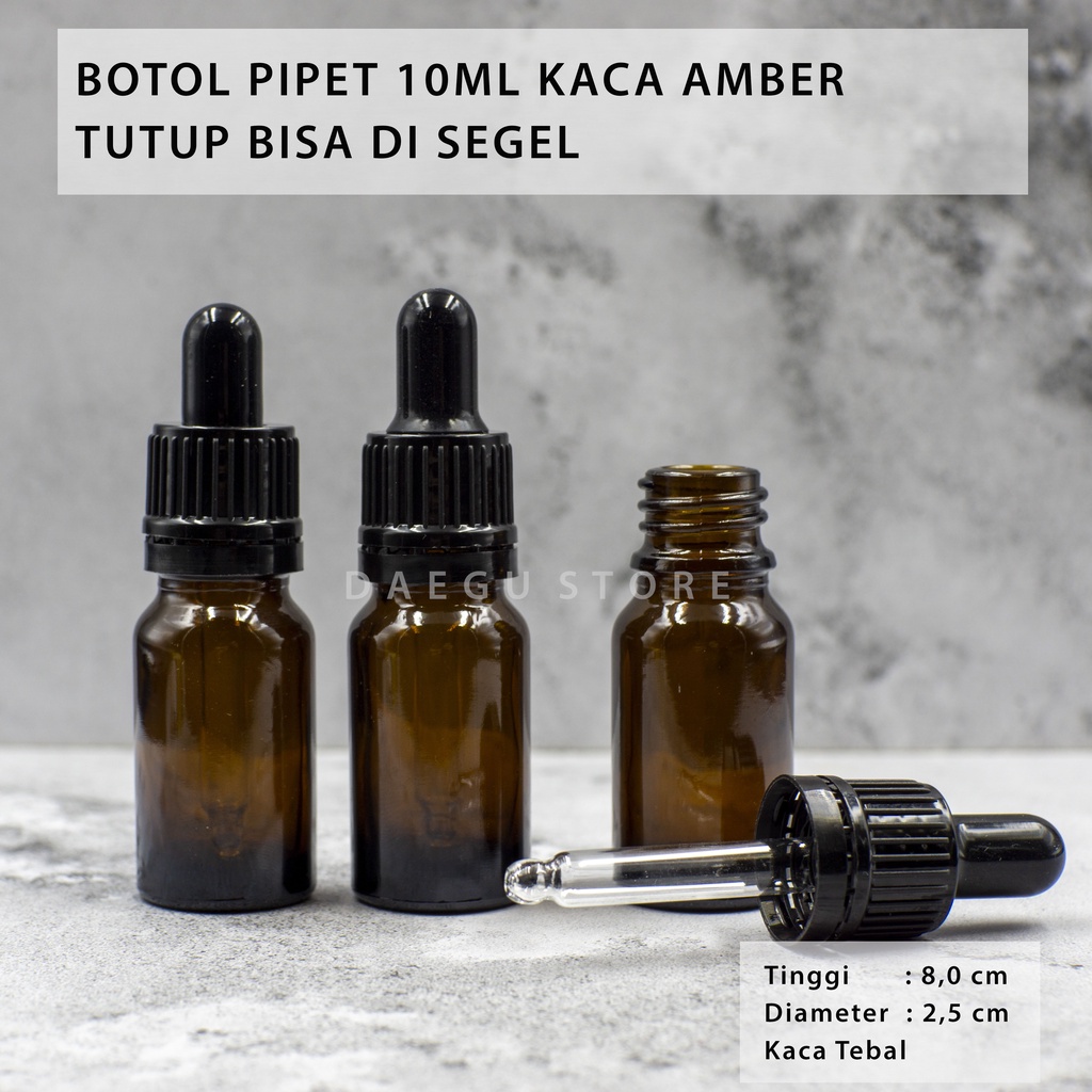 Botol Pipet 10ml Kaca Amber Coklat Tebal -  Dropper Tetes Bisa Segel / Seal Ring Hitam Pipette Serum