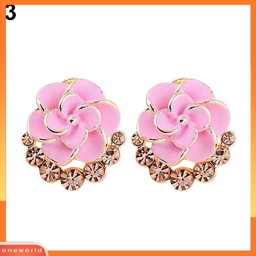 [WONE] Wanita Peony Camellia Bunga Berlian Imitasi Alloy Ear Stud Earrings Perhiasan Pesta