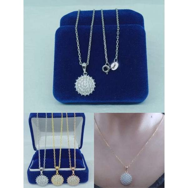 kalung rantai nori paperclip+liontin bulat bunga mp/perak asli silver 925 lapis emas/perhiasan fashion wanita terbaru