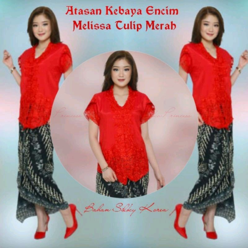 Kebaya Encim Modern Silky Korea Senada Brokat Bordir Lengan Pendek Model Tulip