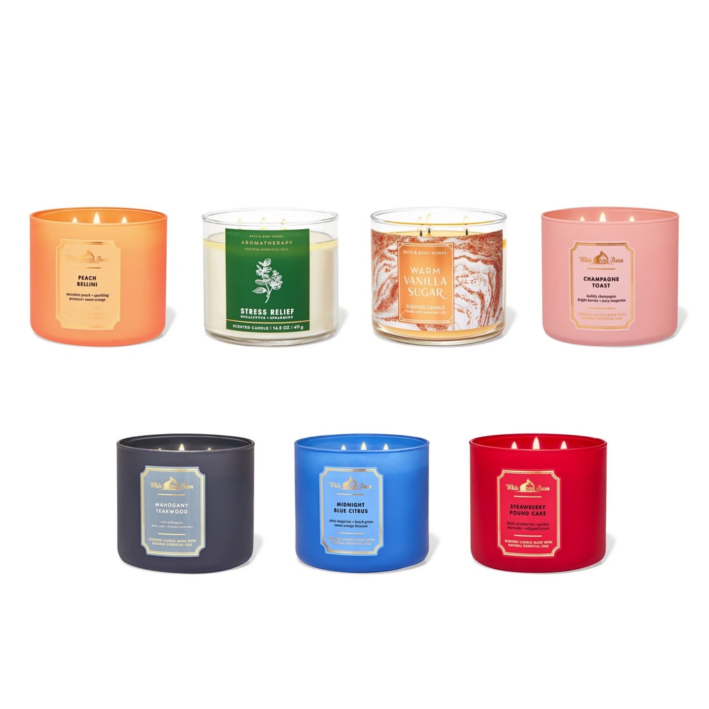 Lilin BBW Bath and Body Works THREE 3 WICK SCENTED CANDLE Lilin Mahogany / A Thousand Wishes / Flanel / Midnight Blue Citrus / Warm Vanilla Sugar / Lilin BBW