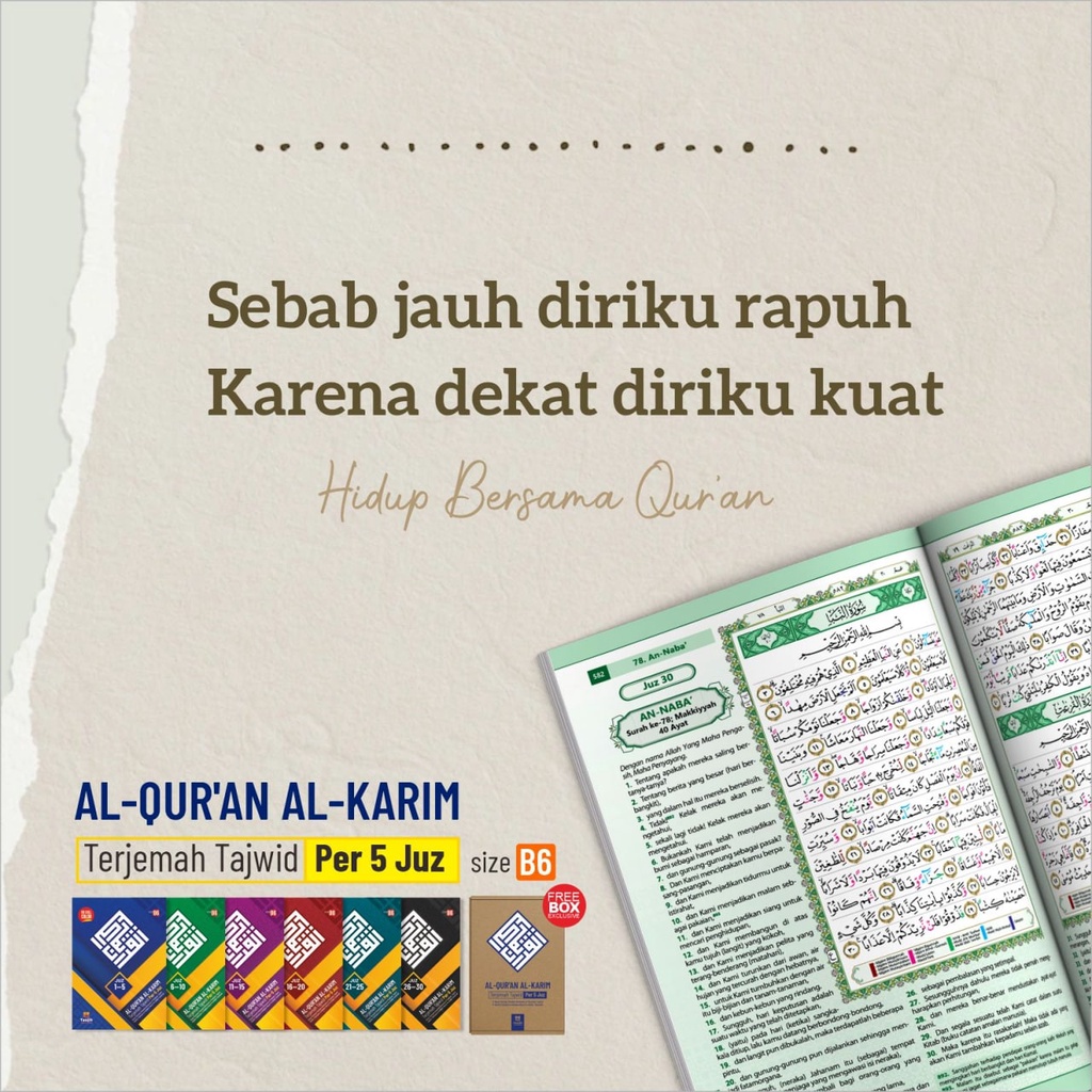 Al-Quran Tajwid &amp; Terjemah Per 5 Juz Taujih Zaduna | uk. B6 (12x17cm) | Bonus Buku Saku &amp; Box