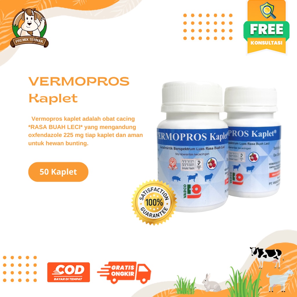 VERMOPROS KAPLET (Isi 50 Kaplet) - OBAT CACING UNTUK KAMBING, DOMBA, &amp; BABI - ANTELMINTIK SPEKTRUM LUAS RASA LECI