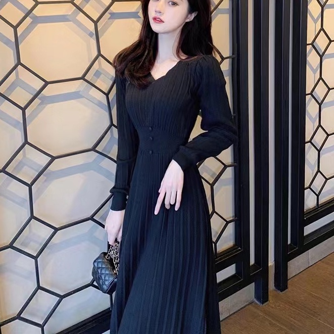 【Elegant】V Neck s Long Sleeve Ribbed Stretch Midi Dresses  2355