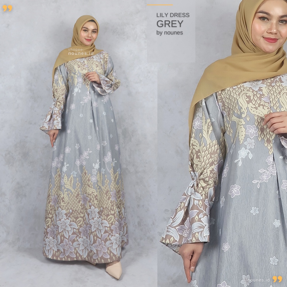 Nounes Lily Dress Gamis Wanita Remaja Dewasa Maxmara Lux Motif Bunga Busui Friendly Saku Kanan Model Abaya Loss Abu Pink Ungu muda M L XL Jumbo XXL LD 98 104 110 120