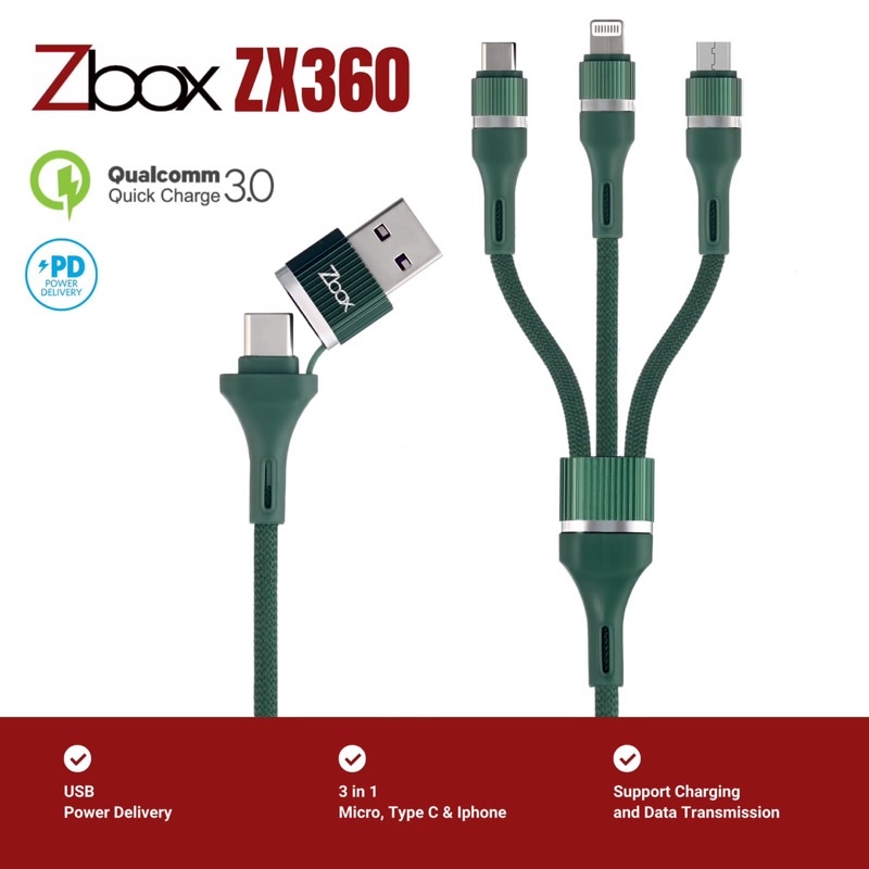 Z-Box Z360 Kabel Data 3in1 USB PD Fast Charging 3A Micro/ Type C/ Lightning