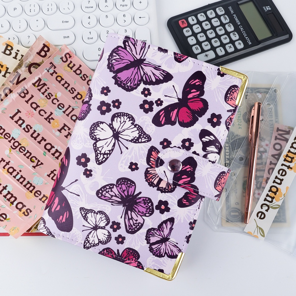 A6 Binder Deluxe Set Butterfly Planner Dengan Ritsleting Tas Untuk Amplop Penganggaran Uang Mengatur Penyimpanan Binder Notebook Alat Tulis