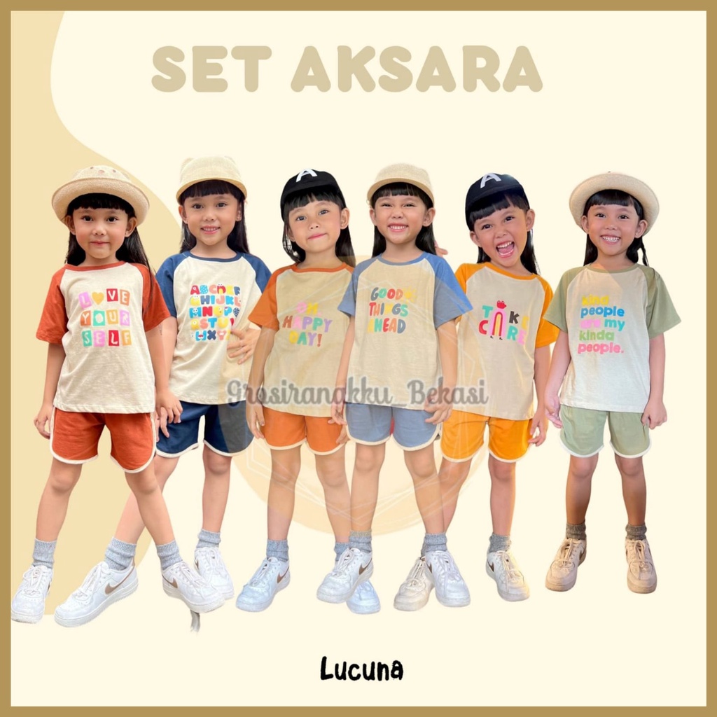 Setelan Anak Cewek Aksara Lucuna Mix Warna Size 1-5 THN