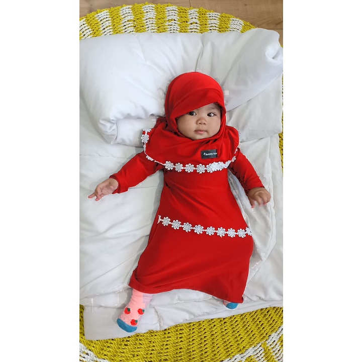 Gamis Hijab Renda Melati Bayi Balita Anak Perempuan Fashion Muslim Lucu Polos Katun 0-2 Tahun maroon