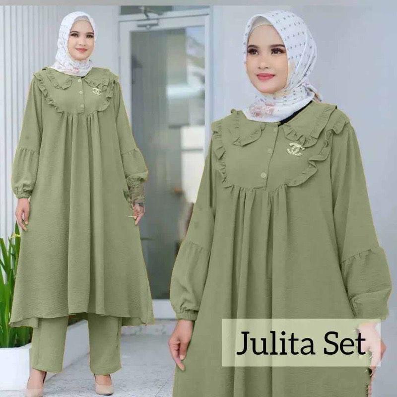 Julita Set Baju Wanita Setelan Jumbo Terbaru 2022/Setelan Muslim Wanita Terbaru Bahan Cringkle/Setelan Long Tunik Set/ Fashion Outfit set 2 In 1 Anti Kusut