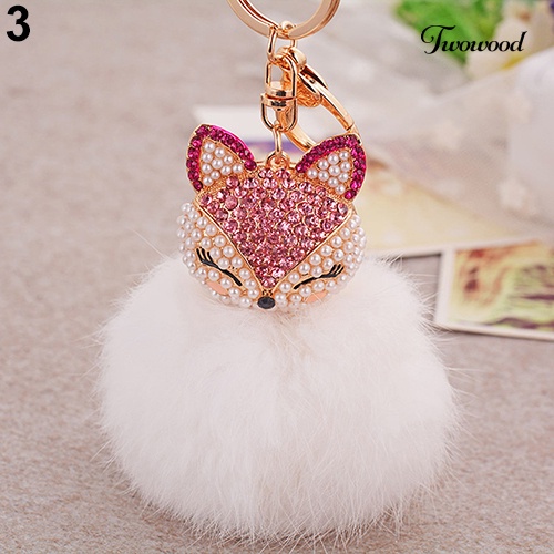 Twowood Hadiah Lucu Bling Berlian Imitasi Rubah Kelinci Fluffy Ball Gantungan Kunci Mobil Key Ring Pendant