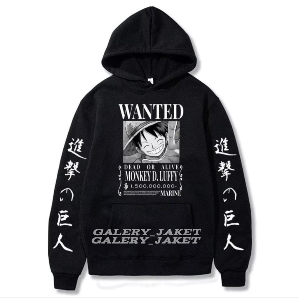 Jaket Sweater Hoodie One Piece Monkey D Luffy Wanted Hitam Premium Untuk Anak Usia 6- 9 Tahu Dan 10-15 Tahun Bahan Flece Tebal