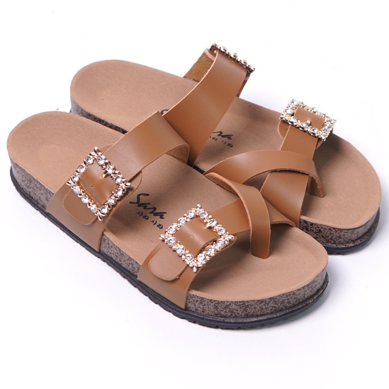 SARASARA YUK - Sandal Wanita Slop Casual Model Birken Sol Puyuh SARA SARA KIARRA Sendal Selop Cewek Kulit Santai Strap Gesper Ban dua Empuk Size 36 37 38 39 40 Warna Brown Coklat Cokelat Anti Slip Premium Original Kekinian Terbaru Shoes ORI Mall Official