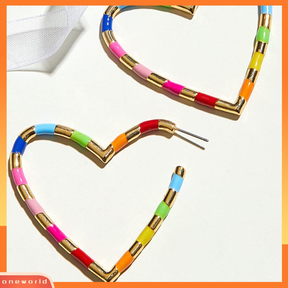 [WONE] Wanita Multicolor Garis Hati Besar Hoop Anting Pesta Tindik Perhiasan Hadiah