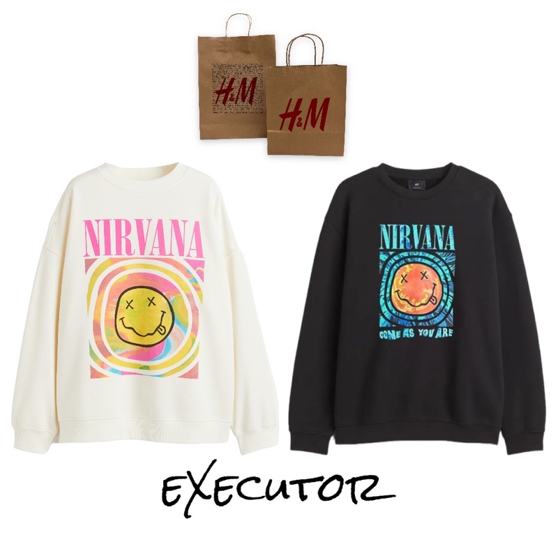 ( 8.8 ) Crewneck Sweatshirt H&amp;M Unisex Sablon Nirvana Cream, Black Hitam, Flecee Katun Lembut Tebal, Free Papperbag