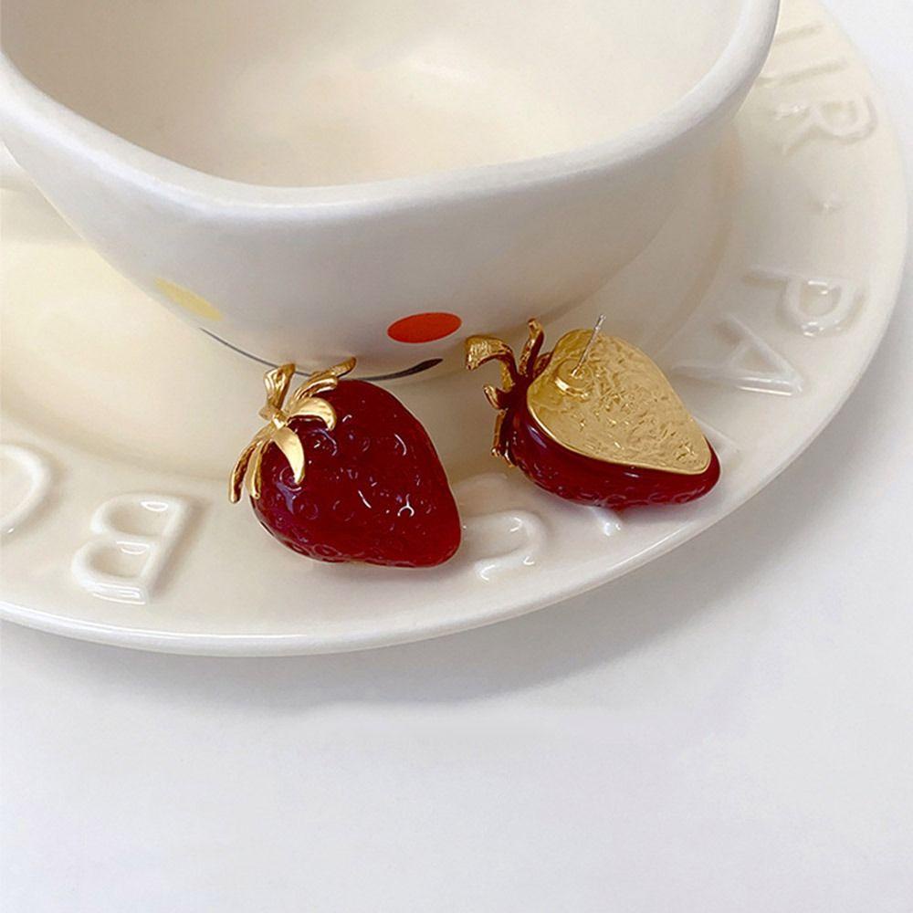 NEEDWAY Needway Strawberry Stud Earrings Kepribadian Retro Desain Fashion Warna Solid Temperamen Lady Wanita Perhiasan Aksesoris