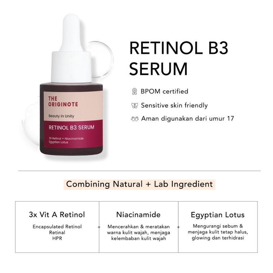 The Originote Retinol B3 Serum 20ml - Serum Anti Aging Menyamarkan Garis Halus Meratakan Warna Kulit Merawat Kulit