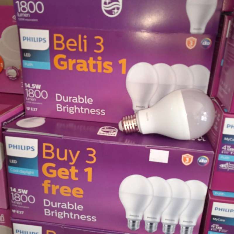 PHILIPS LAMPU LED 14,5W PUTIH E27 PAKET ISI 4PCS BULB 14,5 watt WATT PAKET ISI 4 PCS LED 14.5W PACK 3 GRATIS 1 14.5 W WATT