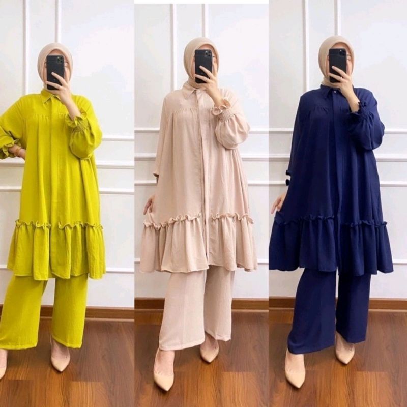 Hava Set Long Jumbo Crincle Airflow Setelan Polos Long Tunik Jumbo Rempel Bawah One Set