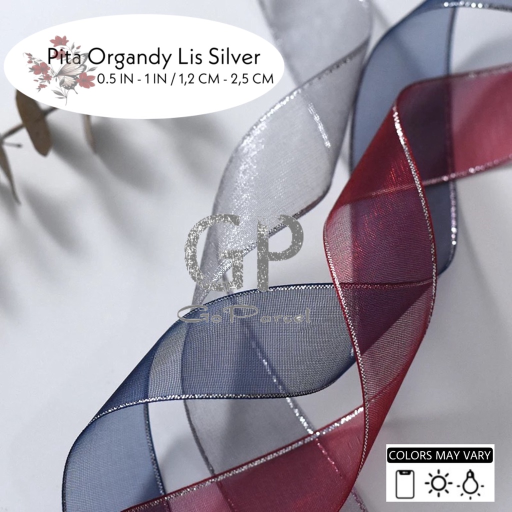 ( Rol 50 Yard ) SILK ORGANDY GIFT RIBBON SILVER EDGE 12MM - PITA KADO ORGANDI TRANSLUCENT ORGANZA LIS PERAK 0.5 IN 1.25CM