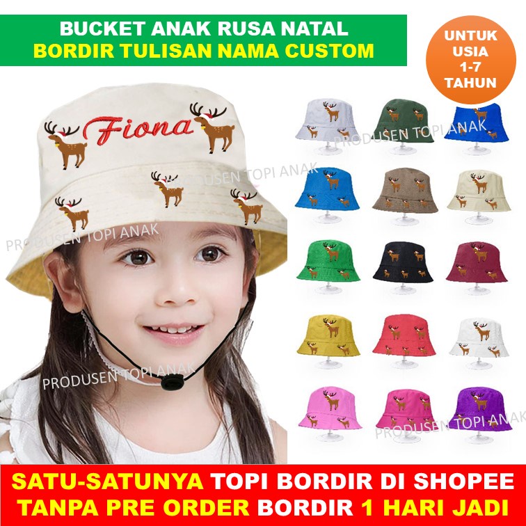 Topi Anak Rusa Hadiah Natal Topi Bucket Natal Custom Bordir Nama Usia 1 - 7 Tahun