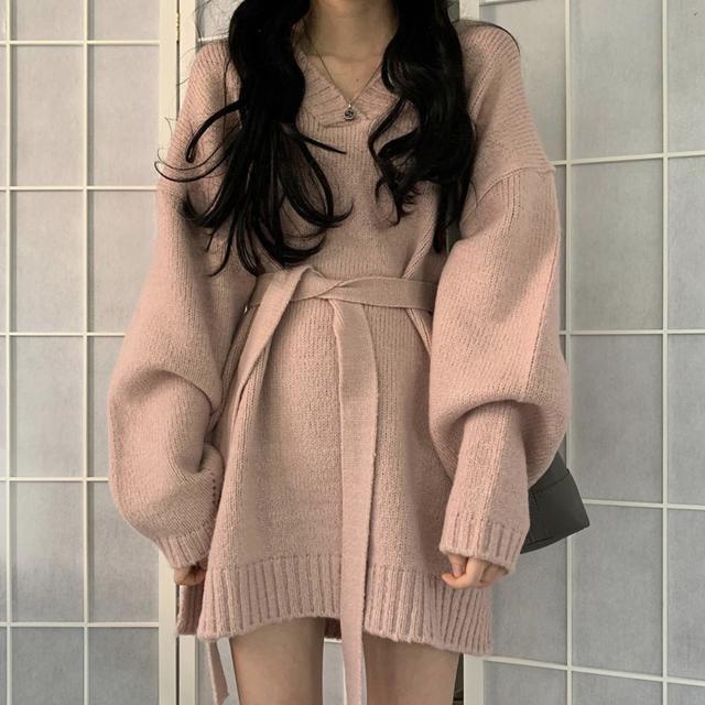 Suhao longgar mid-panjang V-neck sweater one-piece suit wanita baru gaya Korea sweater lengan panjang pullover top