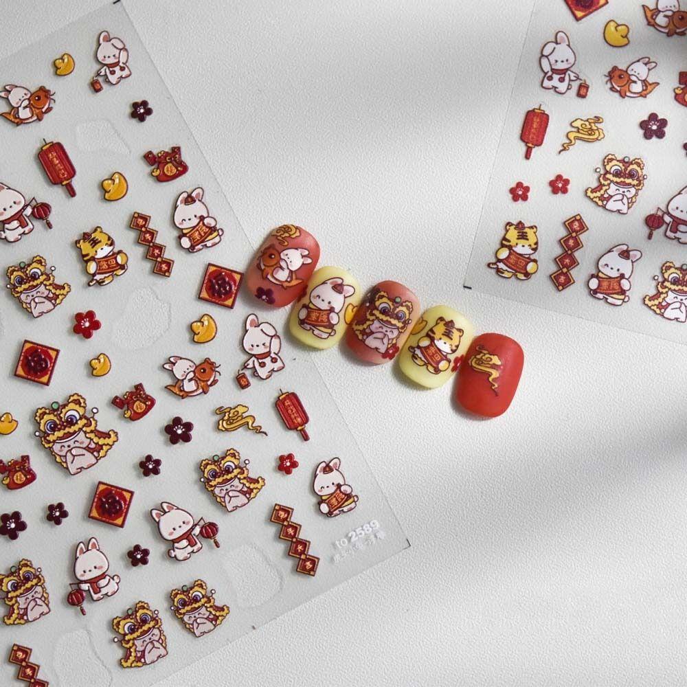 Mxbeauty Stiker Kuku Imlek Perekat Diri Lucu FU Karakter Manikur Aksesoris Bunga Beruang Nail Art Dekorasi