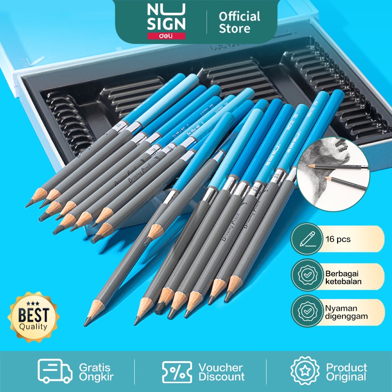 Nusign Sketch Pencil Set / Pensil Sketsa isi 16 Berbagai Ketebalan Non Toxic NS732