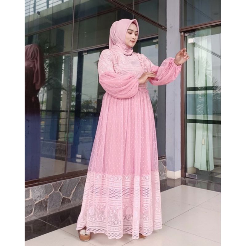 OLIVIA DRESS BURKAT MIX TULLE // Gamis Pesta Busui //Ld 100,Ld 110,Ld 115