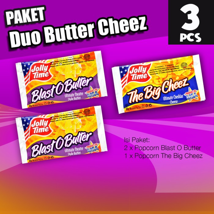 

[BISA COD] Paket Duo Butter Cheez (2BOB, 1TBC) - Jolly Time Mircowave Popcorn
