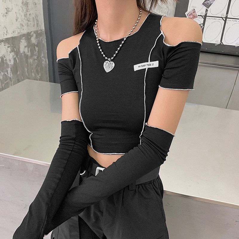 ◇♧Suhao INS net merah street shooting rasa desain strapless leher bulat berongga lengan panjang top wanita musim panas tampan pendek slim bottoming T-shirt