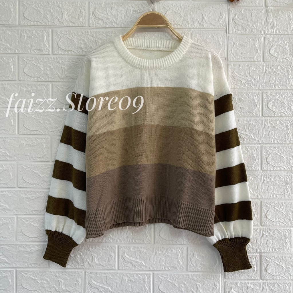 MELANDA SWEATER RAJUT STIRIPE BLASTER ATASAN WANITA LENGAN PANJANG