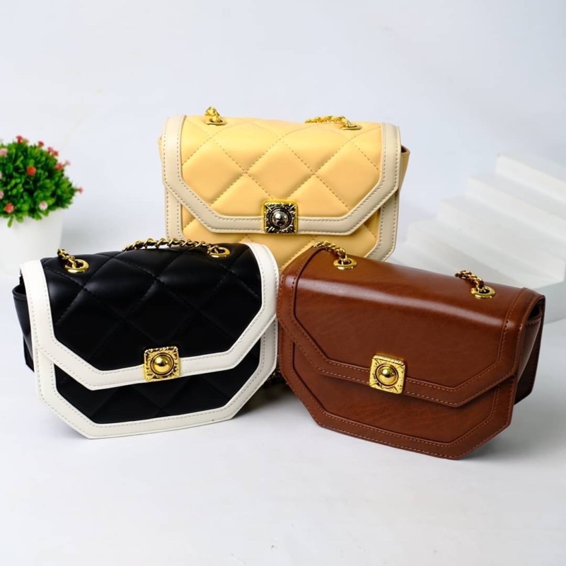 Tas Kulit Selempang Rantai Wanita CK Leather Chain Slingbag Premium Import, Hitam Black Putih White 