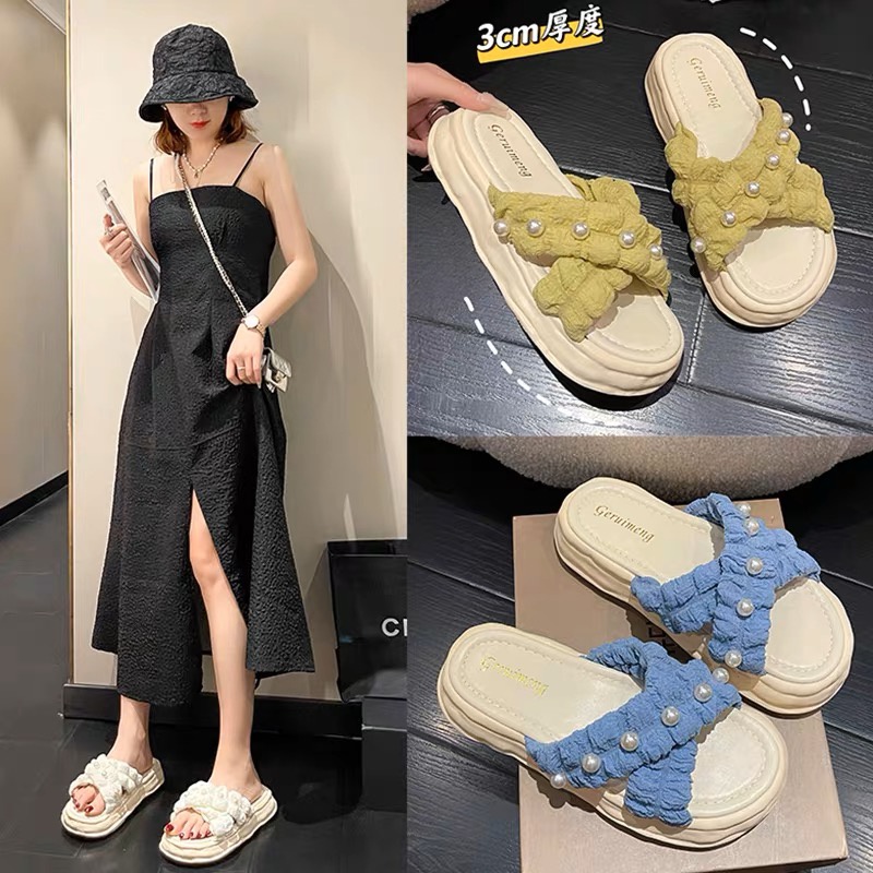 GN-000-1 Sandal Selop Wedges Korean Style Model Mutiara Tali Silang Yesplus PCU