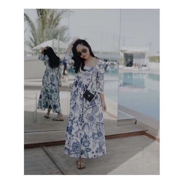 Tq88indonesia Fashion Dress Panjang Motif Bunga Kekinian/  LAGOON PICNIC MAXI DRESS / Ootd / Outfit