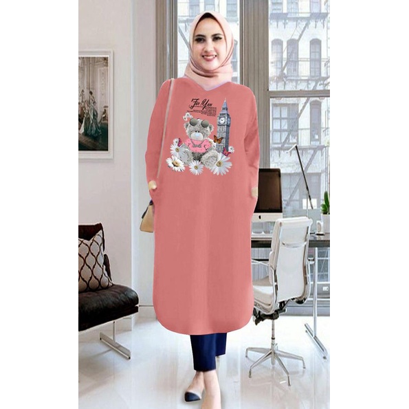 Tunik wanita DTF BUNGA BEAR/ tunik murah / tunik kekinian / tunik panjang / tunik import / tunik jumbo