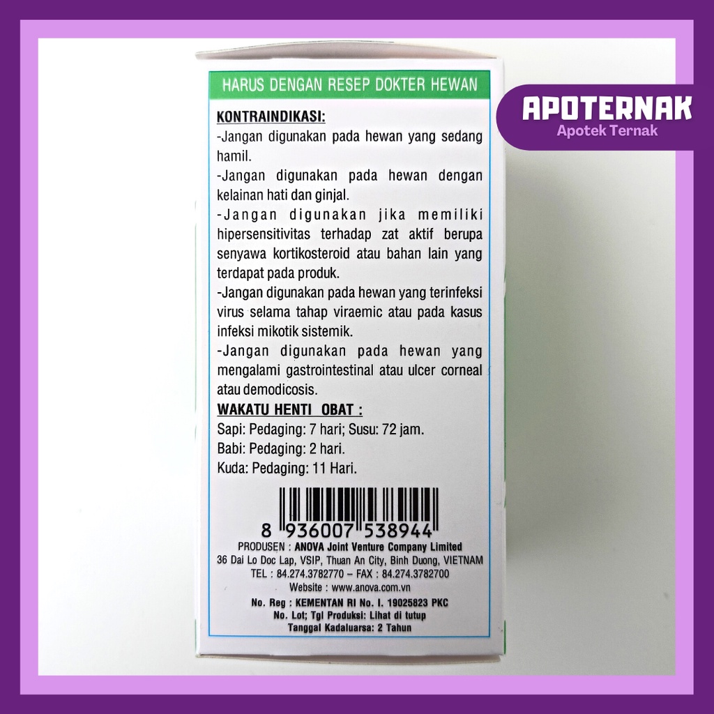 NOVA DEXA 20 | Dexamethasone Obat Anti Inflamasi /Radang /Alergi untuk Kuda Sapi Babi Anjing dan Kucing | 100 ml | ANOVA