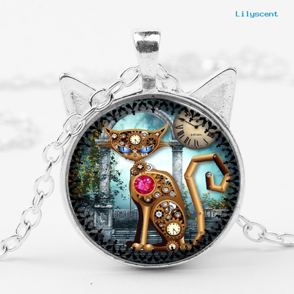 [LS] Unisex Kucing Kaca Cabochon Liontin Vintage Perhiasan Rantai Kalung Hadiah