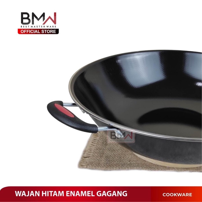 Kuali Enamel Hitam List Merah 30/32/34CM - Kuali Wajan Tebel Gagang Kuping - Wajan Penggorengan Hiqh Quality Anti Lengket - Wok Pan Jumbo Tebel