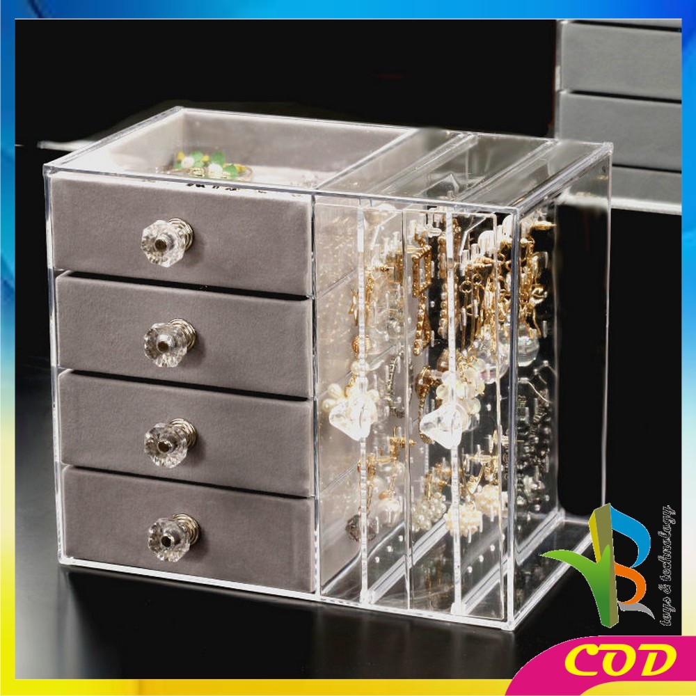 RB-K136 Kotak Perhiasan Tingkat 4 Laci Rak Acrylic Organizer Anting Cincin Anti Debu / Tempat Penyimpanan Aksesoris Kalung Wanita Rak Kosmetik Multifungsi