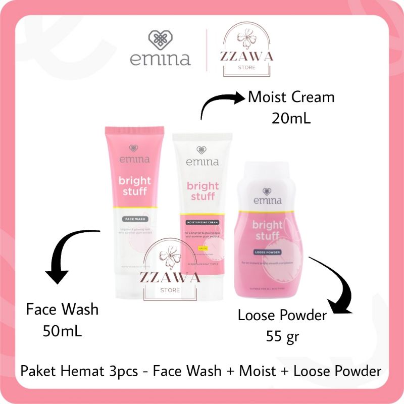 EMINA Paket Hemat 3pcs - Face Wash 50mL + Moisturizer Cream 20mL + Loose Powder 55 gr BPOM