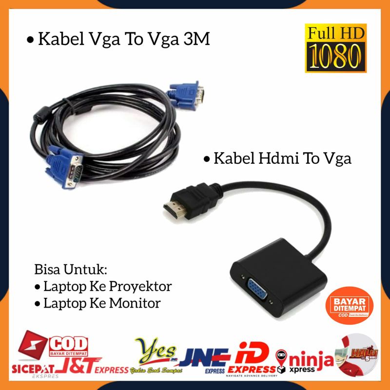 [COD] KABEL VGA MALE TO MALE 3 METER + KABEL KONEKTOR CONVERTER HDTV MALE TO VGA FEMALE / DARI LAPTOP KE PROYEKTOR INFOKUS