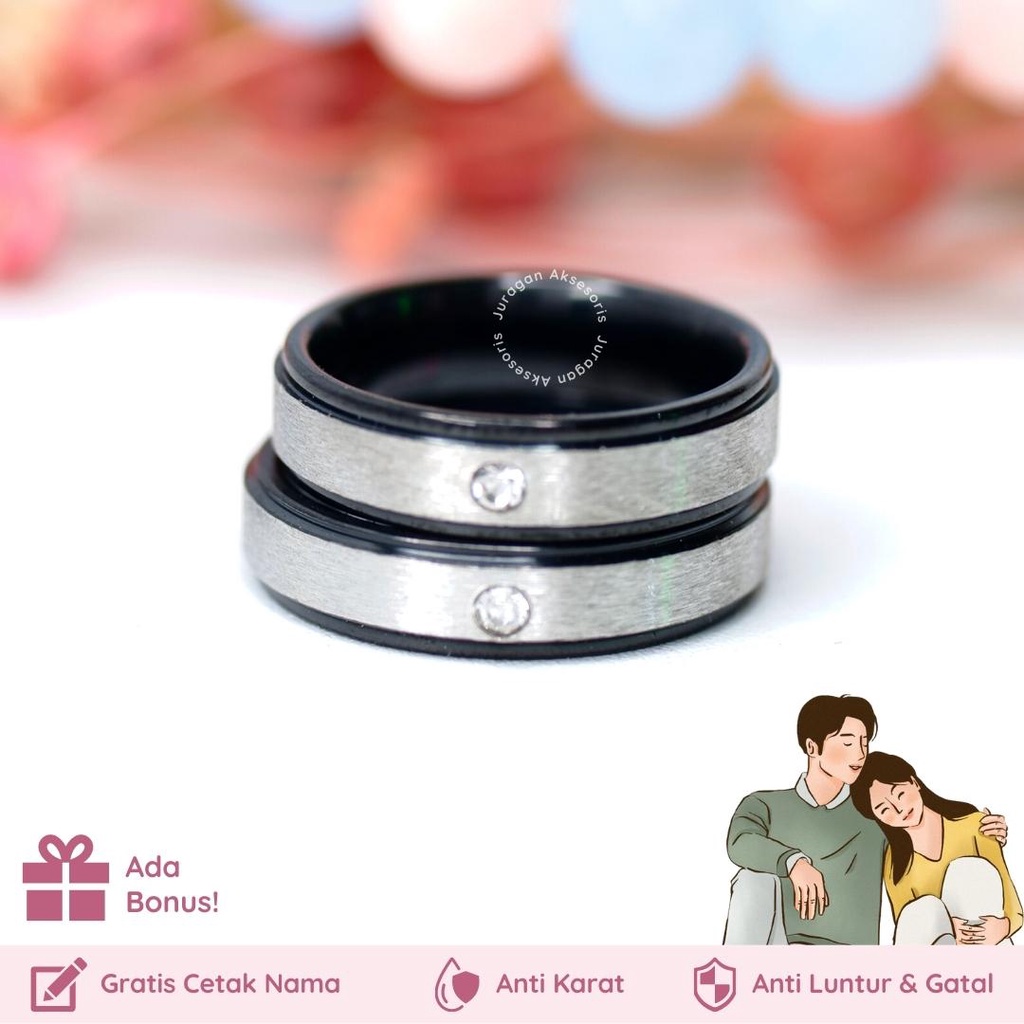 [Gratis Ukir Nama] Cincin Couple Romantis Ailoviu Titanium Anti Karat M119 Hadiah Tunangan Pasangan Pria Wanita Hitam Silver Permata Cubic Zirconia